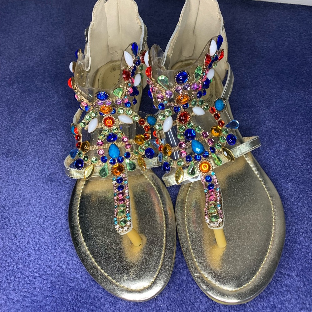Gold sandals with multicolored rhinestones